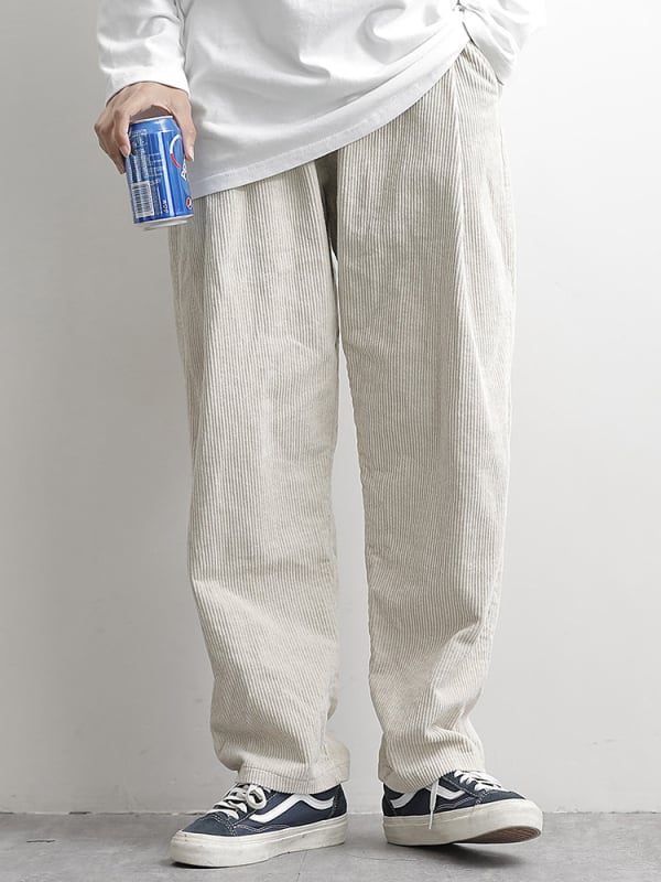 Japán stílusú kordurás férfi nadrág, laza szabású, középmagasságú derék, övvel és kötőzárral záródó