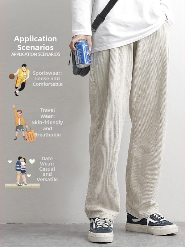 Japán stílusú kordurás férfi nadrág, laza szabású, középmagasságú derék, övvel és kötőzárral záródó