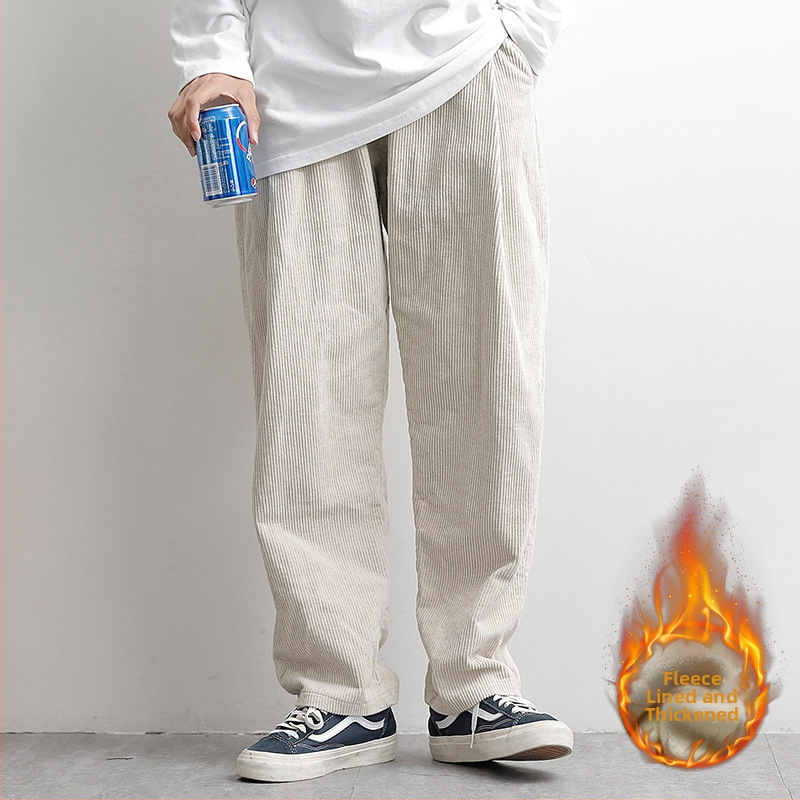 Japán stílusú kordurás férfi nadrág, laza szabású, középmagasságú derék, övvel és kötőzárral záródó