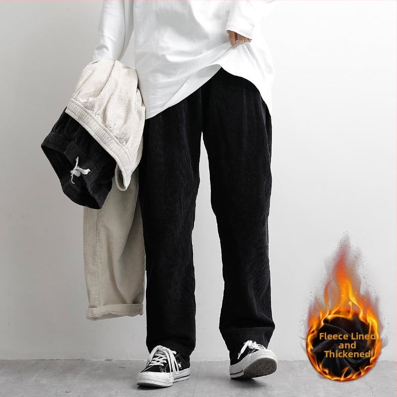 Japán stílusú kordurás férfi nadrág, laza szabású, középmagasságú derék, övvel és kötőzárral záródó