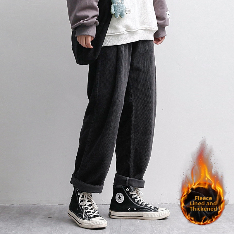 Japán stílusú kordurás férfi nadrág, laza szabású, középmagasságú derék, övvel és kötőzárral záródó