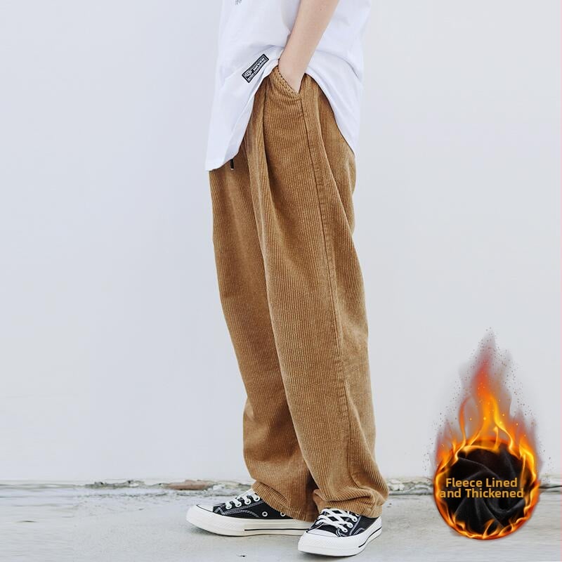 Japán stílusú kordurás férfi nadrág, laza szabású, középmagasságú derék, övvel és kötőzárral záródó