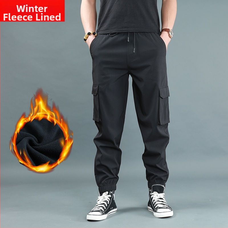 Férfi fleece-bélelt vastag jogger nadrág, magas derekú, egyenes szabású, bambusz rost és poliészter keverék