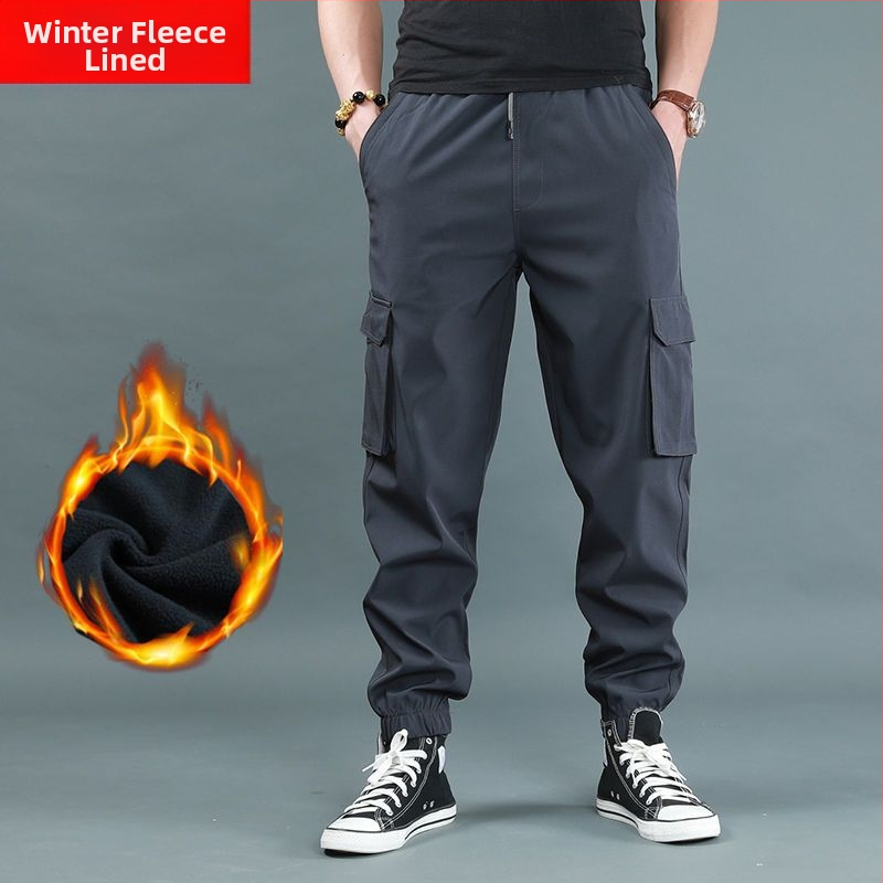 Férfi fleece-bélelt vastag jogger nadrág, magas derekú, egyenes szabású, bambusz rost és poliészter keverék