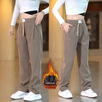 Férfi fleece-bevonatú casual egyenes nadrág, középső derekú elasztikus öv, 100% poliészter, japán retro stílus