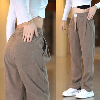 Férfi fleece-bevonatú casual egyenes nadrág, középső derekú elasztikus öv, 100% poliészter, japán retro stílus