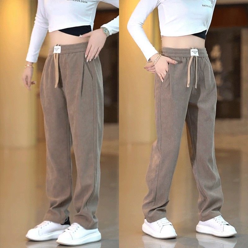 Férfi fleece-bevonatú casual egyenes nadrág, középső derekú elasztikus öv, 100% poliészter, japán retro stílus