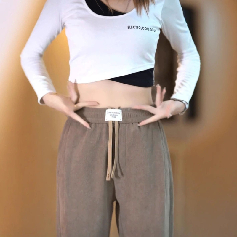 Férfi fleece-bevonatú casual egyenes nadrág, középső derekú elasztikus öv, 100% poliészter, japán retro stílus