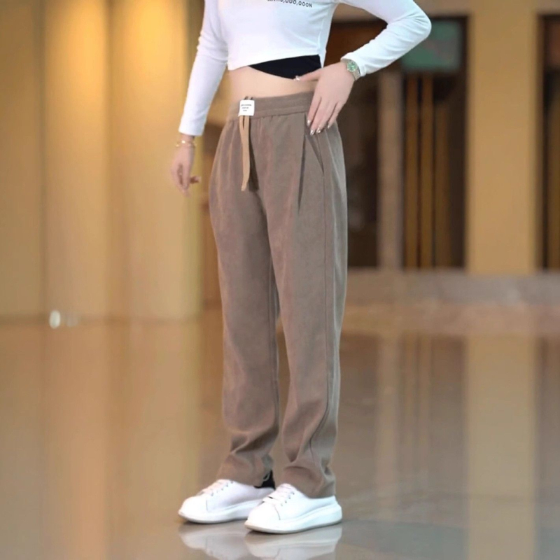 Férfi fleece-bevonatú casual egyenes nadrág, középső derekú elasztikus öv, 100% poliészter, japán retro stílus
