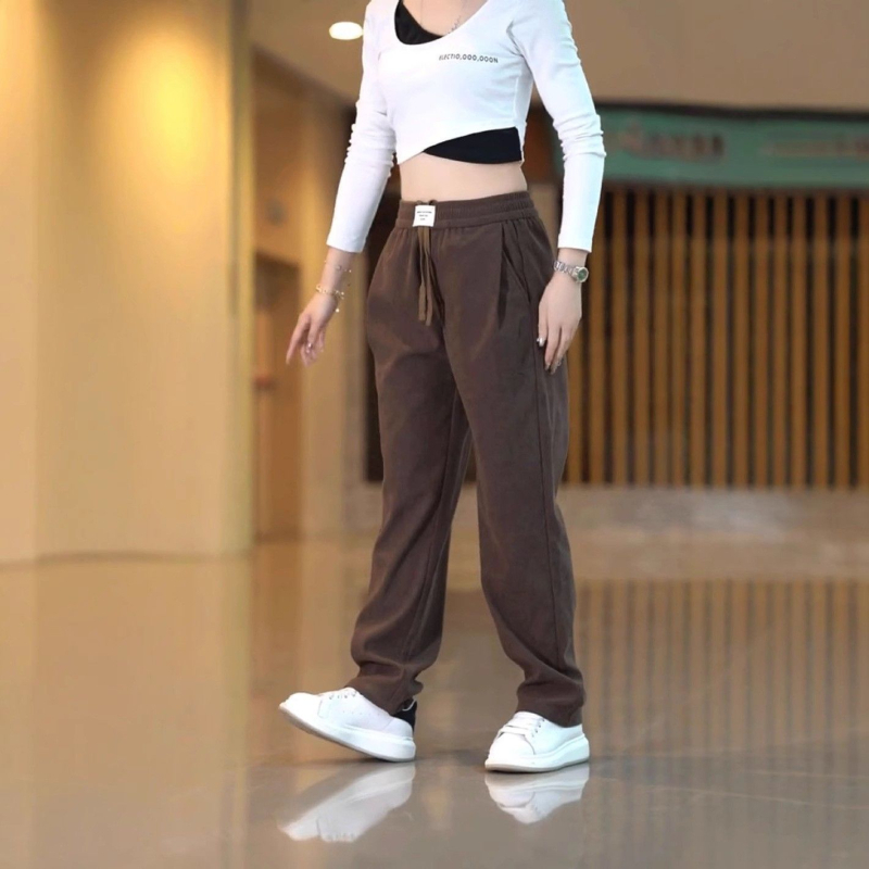 Férfi fleece-bevonatú casual egyenes nadrág, középső derekú elasztikus öv, 100% poliészter, japán retro stílus