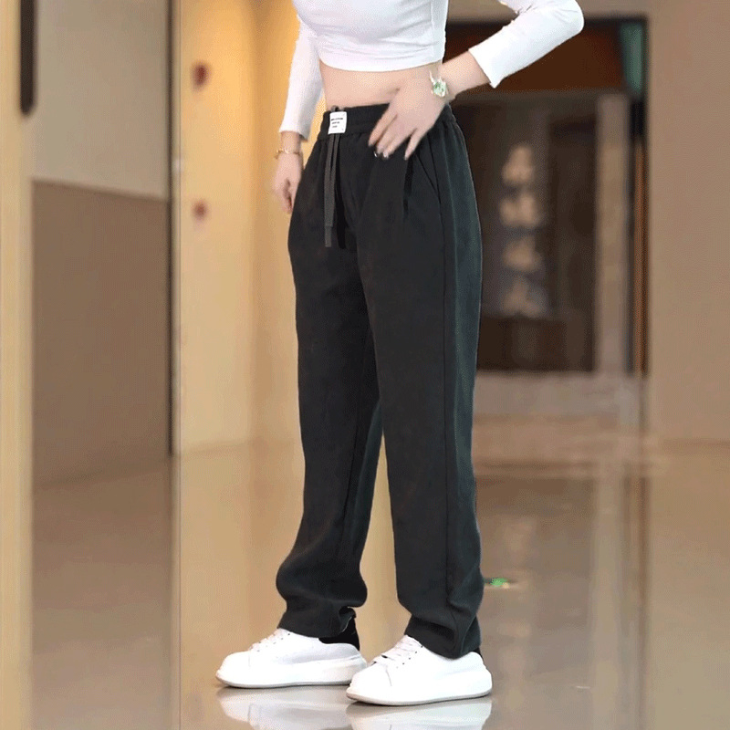 Férfi fleece-bevonatú casual egyenes nadrág, középső derekú elasztikus öv, 100% poliészter, japán retro stílus