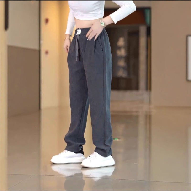 Férfi fleece-bevonatú casual egyenes nadrág, középső derekú elasztikus öv, 100% poliészter, japán retro stílus