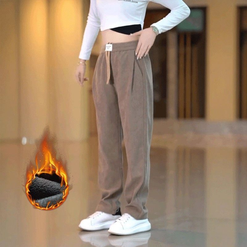 Férfi fleece-bevonatú casual egyenes nadrág, középső derekú elasztikus öv, 100% poliészter, japán retro stílus