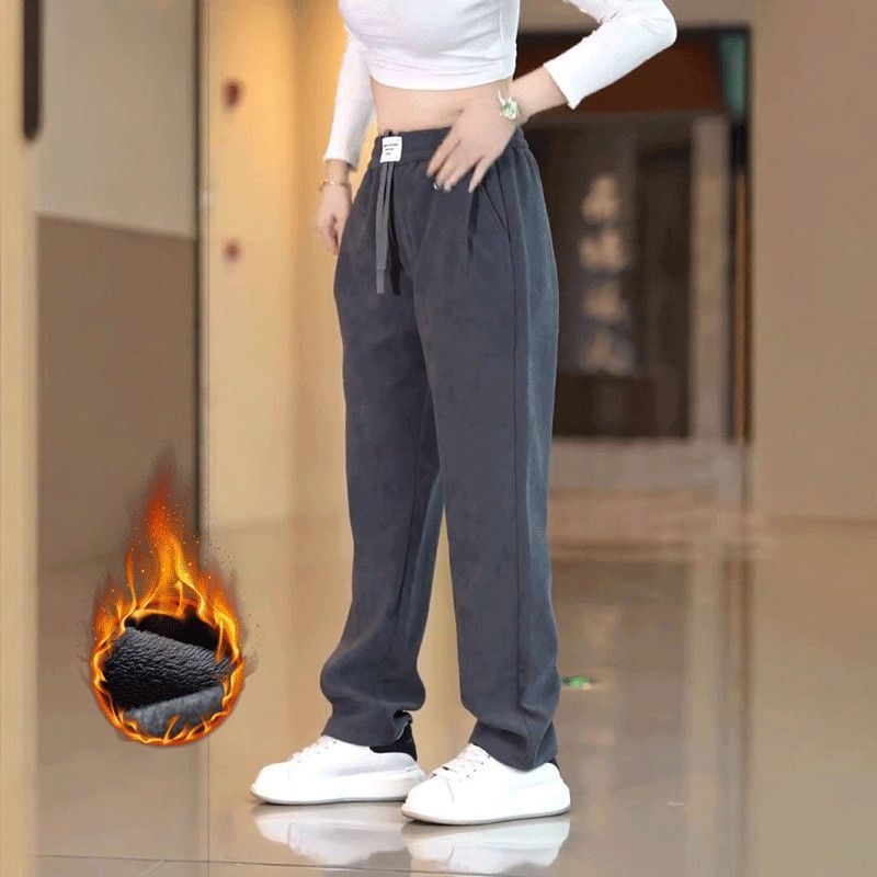 Férfi fleece-bevonatú casual egyenes nadrág, középső derekú elasztikus öv, 100% poliészter, japán retro stílus