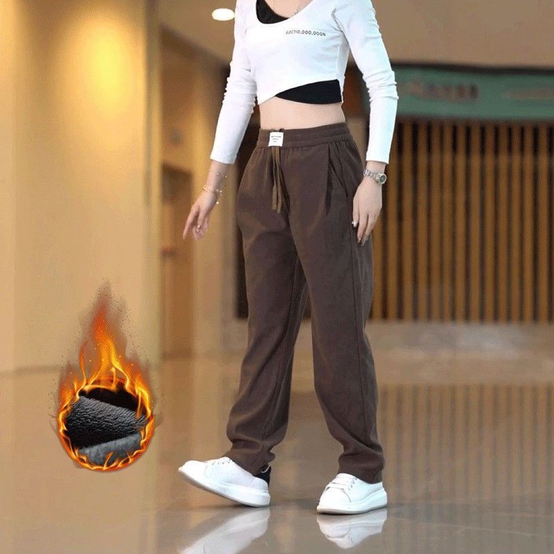 Férfi fleece-bevonatú casual egyenes nadrág, középső derekú elasztikus öv, 100% poliészter, japán retro stílus