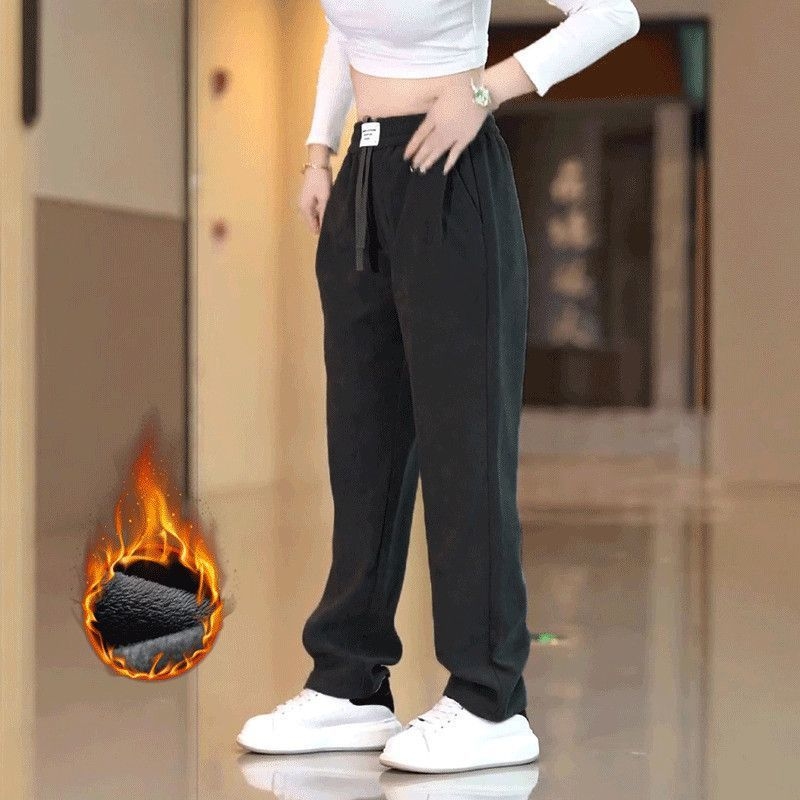 Férfi fleece-bevonatú casual egyenes nadrág, középső derekú elasztikus öv, 100% poliészter, japán retro stílus