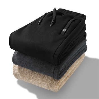 Férfi téli fleece-béléssel ellátott pamut-keverék anyagú egyenes szabású nadrág, húzózsinóros zárással