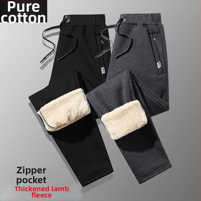 Férfi téli fleece-béléssel ellátott pamut-keverék anyagú egyenes szabású nadrág, húzózsinóros zárással