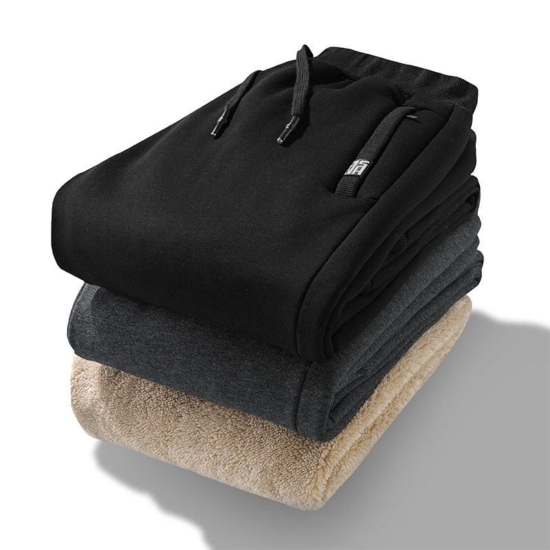 Férfi téli fleece-béléssel ellátott pamut-keverék anyagú egyenes szabású nadrág, húzózsinóros zárással