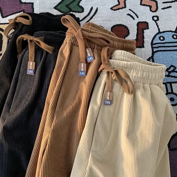 Férfi Corduroy nadrág, egyenes szabás, középmagas derekú, húzózsinóros zárás, könnyű poliészter anyag