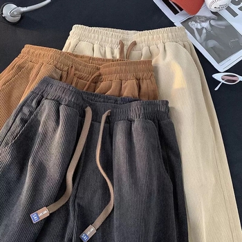 Férfi Corduroy nadrág, egyenes szabás, középmagas derekú, húzózsinóros zárás, könnyű poliészter anyag