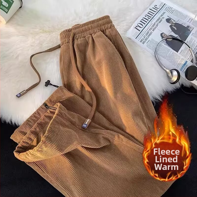 Férfi Corduroy nadrág, egyenes szabás, középmagas derekú, húzózsinóros zárás, könnyű poliészter anyag