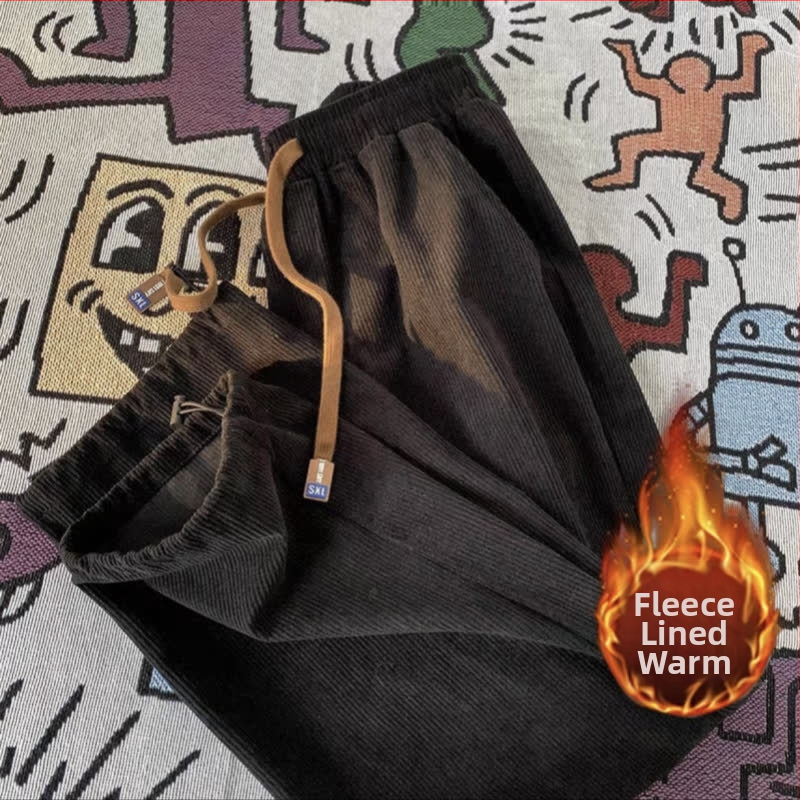 Férfi Corduroy nadrág, egyenes szabás, középmagas derekú, húzózsinóros zárás, könnyű poliészter anyag