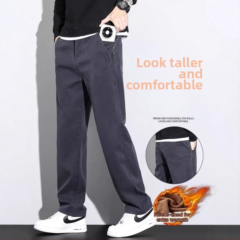 Férfi Lyocell anyagú nadrág fleece-belelt, egyenes szabású, középmagas derék, cipzáras és övvel, téli viselet