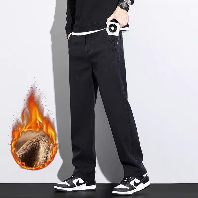 Férfi Lyocell anyagú nadrág fleece-belelt, egyenes szabású, középmagas derék, cipzáras és övvel, téli viselet