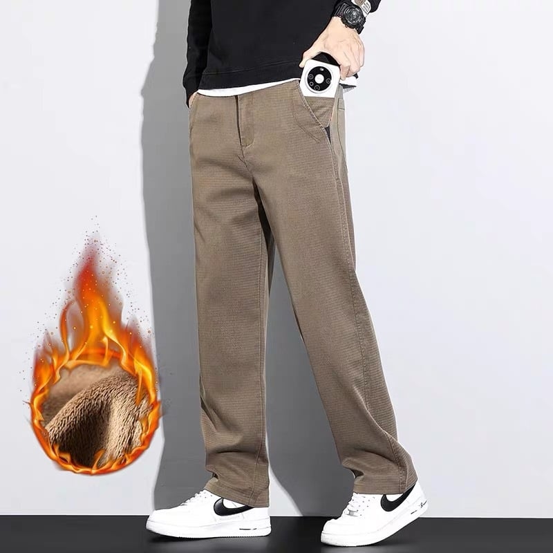 Férfi Lyocell anyagú nadrág fleece-belelt, egyenes szabású, középmagas derék, cipzáras és övvel, téli viselet