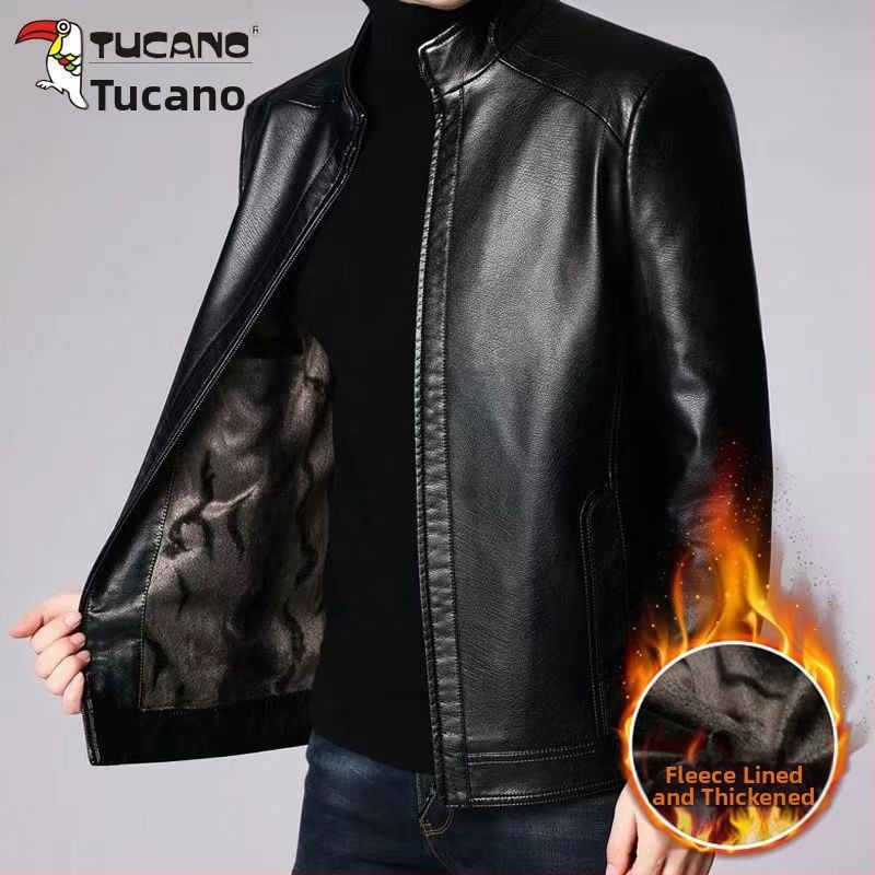 Férfi PU bőrdzseki, stand-up gallérral, lazább szabás, fleece bélés