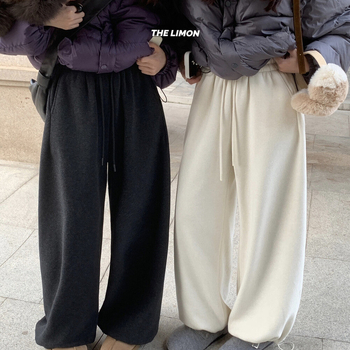 Γυναικείες casual παντελόνες με υψηλή μέση, κορδόνι, επένδυση φλίς, ίσιο κόψιμο, μείγμα πολυεστέρα