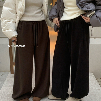 Γυναικείες casual παντελόνες με υψηλή μέση, κορδόνι, επένδυση φλίς, ίσιο κόψιμο, μείγμα πολυεστέρα