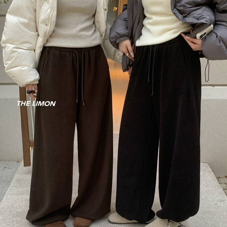 Γυναικείες casual παντελόνες με υψηλή μέση, κορδόνι, επένδυση φλίς, ίσιο κόψιμο, μείγμα πολυεστέρα