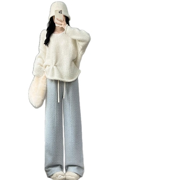 Ženske široke hlače od lambswool s uzorkom Houndstooth, jesen–zima 2025, casual, za niski rast