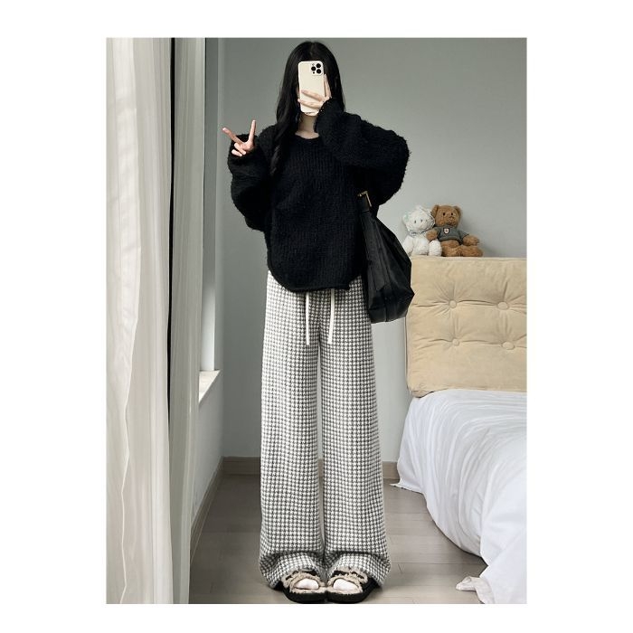 Ženske široke hlače od lambswool s uzorkom Houndstooth, jesen–zima 2025, casual, za niski rast