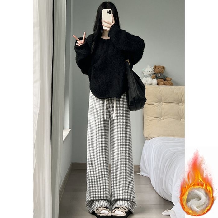Ženske široke hlače od lambswool s uzorkom Houndstooth, jesen–zima 2025, casual, za niski rast