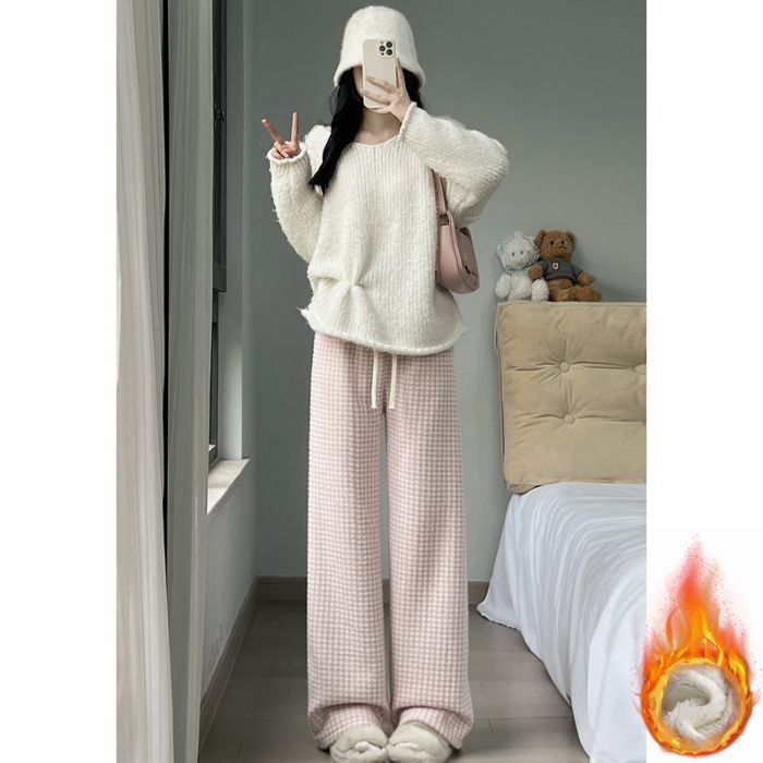 Ženske široke hlače od lambswool s uzorkom Houndstooth, jesen–zima 2025, casual, za niski rast