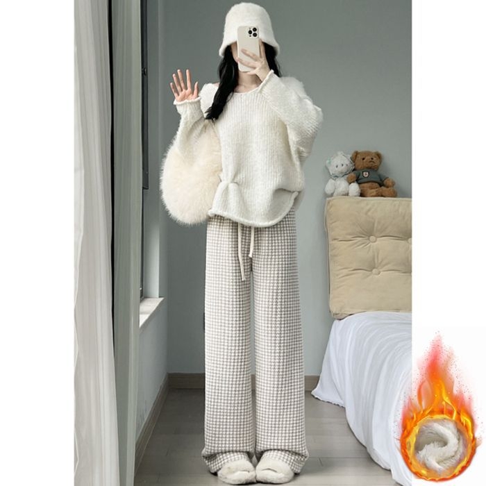 Ženske široke hlače od lambswool s uzorkom Houndstooth, jesen–zima 2025, casual, za niski rast