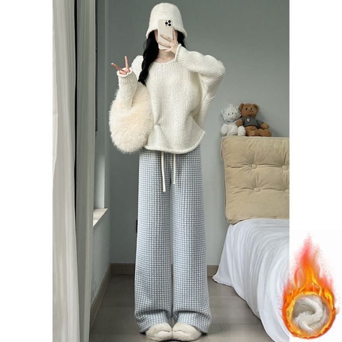 Ženske široke hlače od lambswool s uzorkom Houndstooth, jesen–zima 2025, casual, za niski rast