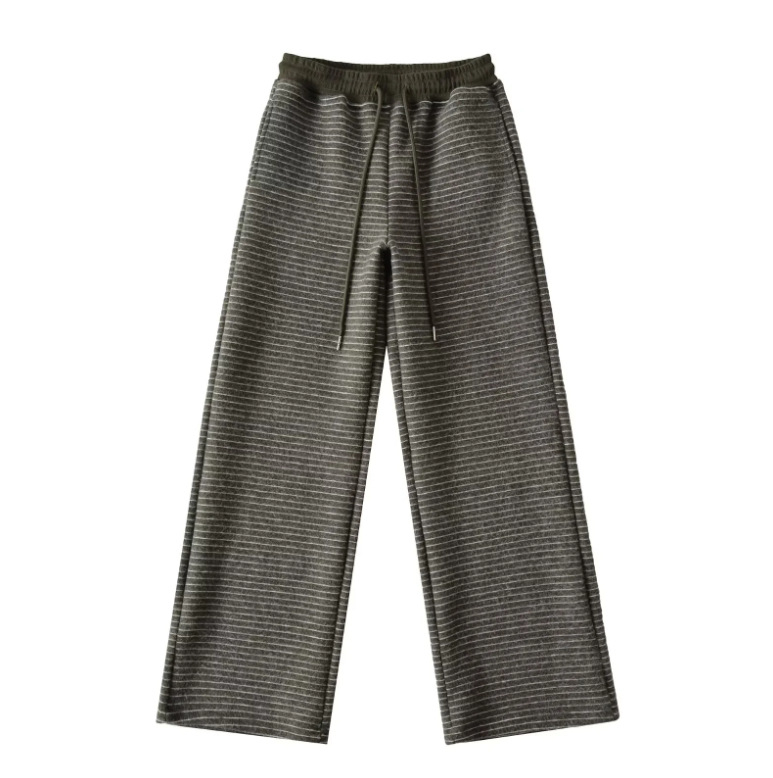 Női csíkos széles lábú nadrág, poliészter-spandex keverék, elasztikus derék húzózsinórral, zsebek, mindennapi streetwear.