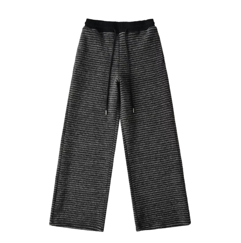 Női csíkos széles lábú nadrág, poliészter-spandex keverék, elasztikus derék húzózsinórral, zsebek, mindennapi streetwear.