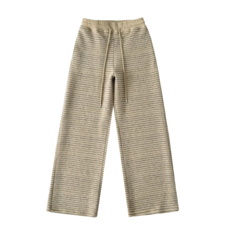 Női csíkos széles lábú nadrág, poliészter-spandex keverék, elasztikus derék húzózsinórral, zsebek, mindennapi streetwear.