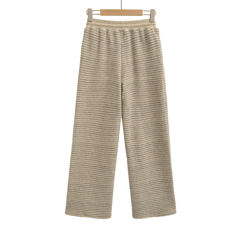 Női csíkos széles lábú nadrág, poliészter-spandex keverék, elasztikus derék húzózsinórral, zsebek, mindennapi streetwear.