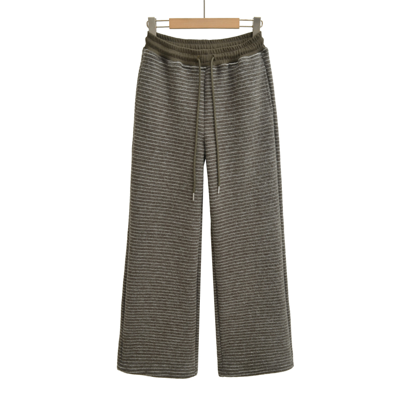 Női csíkos széles lábú nadrág, poliészter-spandex keverék, elasztikus derék húzózsinórral, zsebek, mindennapi streetwear.