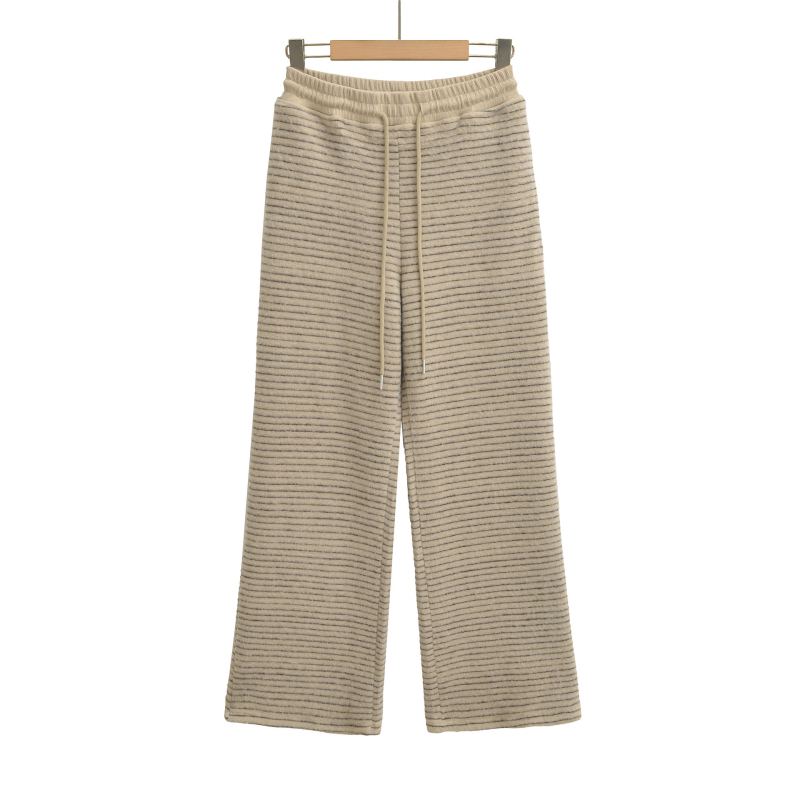 Női csíkos széles lábú nadrág, poliészter-spandex keverék, elasztikus derék húzózsinórral, zsebek, mindennapi streetwear.