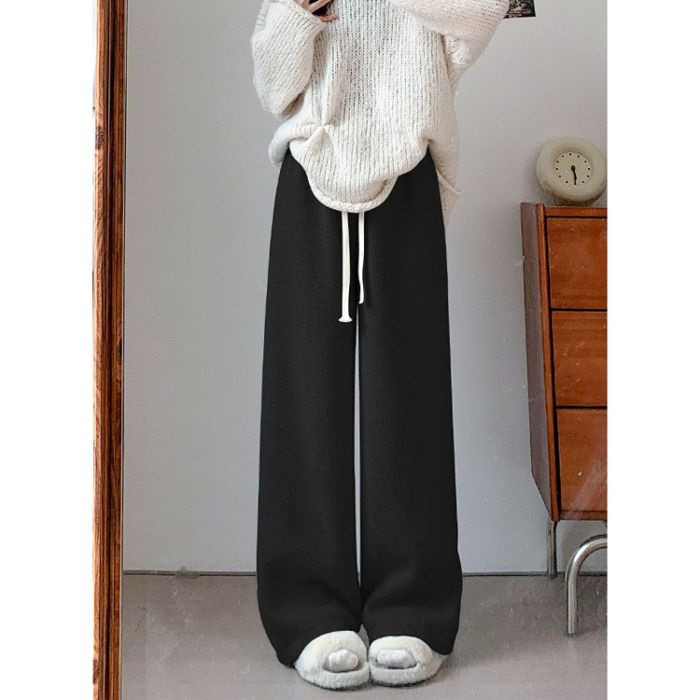 Pantaloni largi pentru femei, căptușiți cu Mink Velvet, tricot, talie înaltă, iarnă 2025