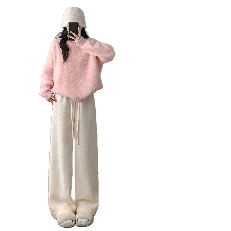 Pantaloni largi pentru femei, căptușiți cu Mink Velvet, tricot, talie înaltă, iarnă 2025