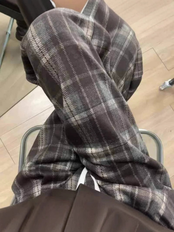 Ženske karirane casual široke hlače, jesen-zima, za malu visinu 145 cm, kratka duljina, visokim strukom, vizualno produljuju noge