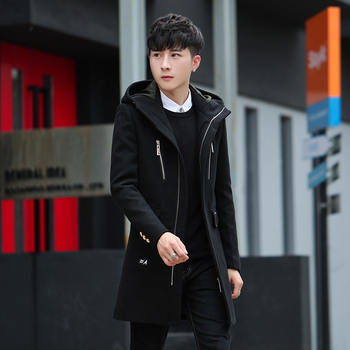 Ziemas vidēja garuma vīriešu trench palto, korejiešu stilā, slim fit, kapuce, rāvējslēdzējs priekšā, augsta apkakle, daudz kabatu